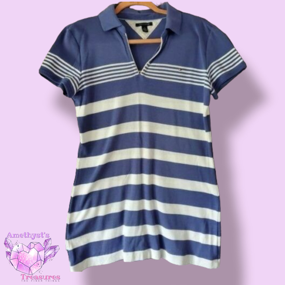 TOMMY Hilfiger Womens M t-shirt dress white blue stripe boating collared casual